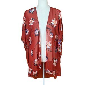 Emory Park Sheer Kimono Top Size S (READ) Burnt Orange Floral Chiffon Open Front